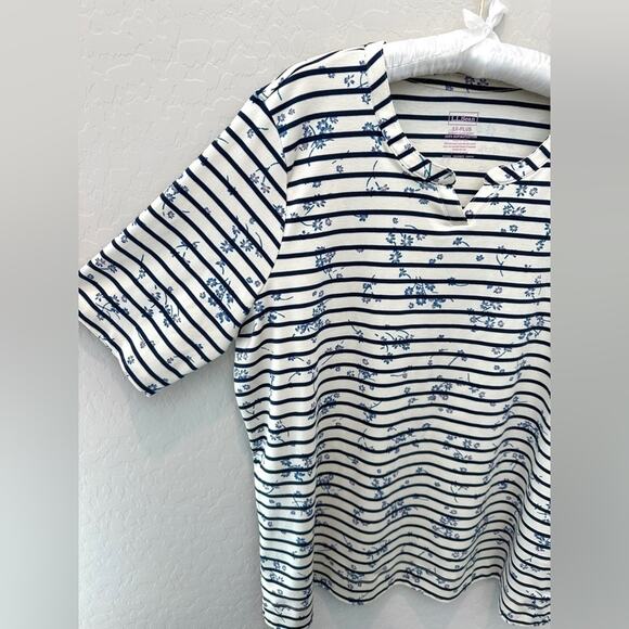 L.L.BEAN | Plus Size Supima Cotton Top Blue Floral Stripe Short Sleeve Tee | 1X - Picture 3 of 6
